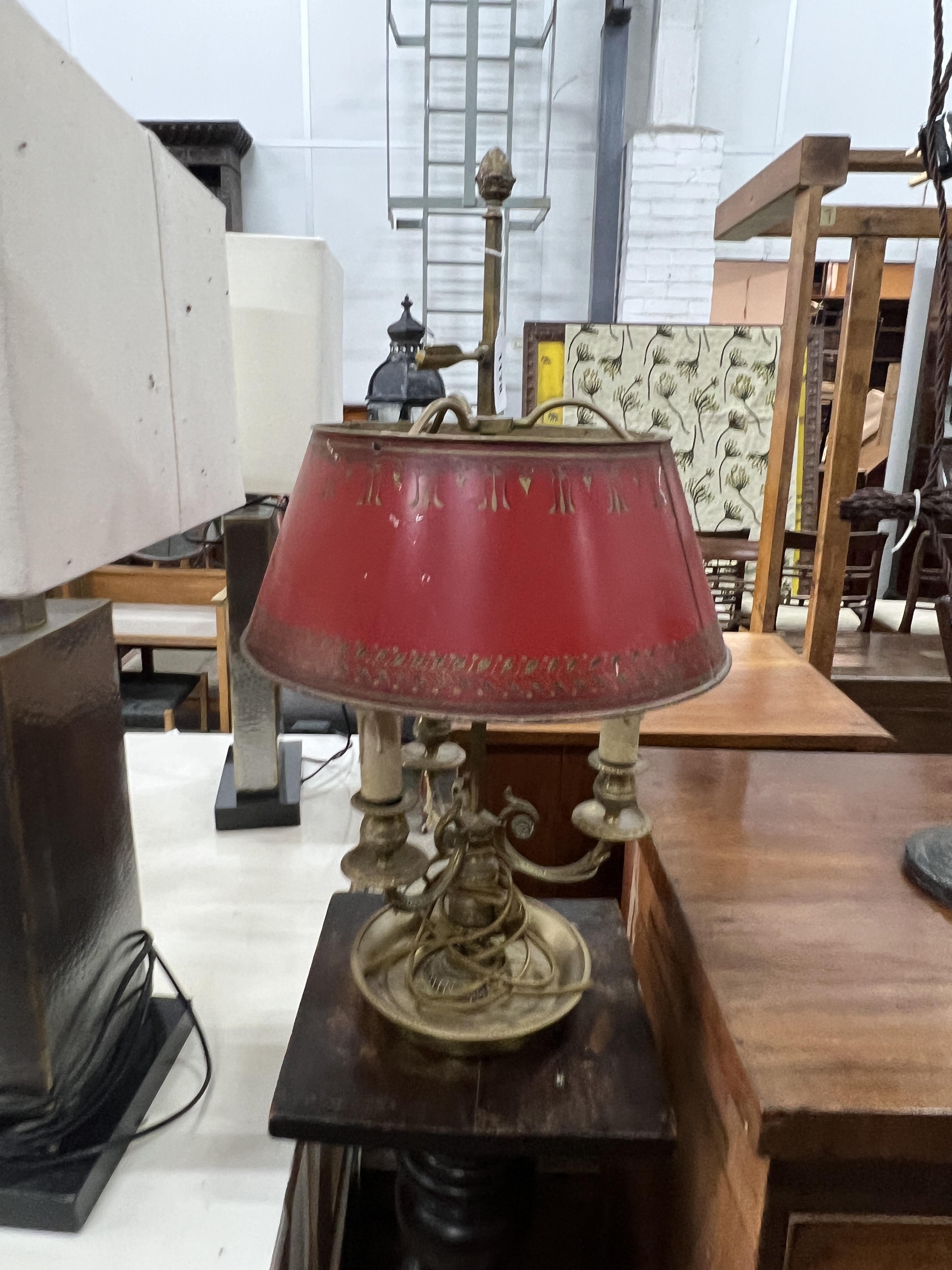A gilt metal three branch table lamp with toleware shade, a mahogany pedestal and a wall bracket